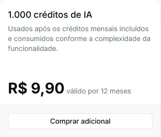 Cartão de adicional da página de preços do Pinar para 500 créditos de IA, com compra e validade de doze meses.