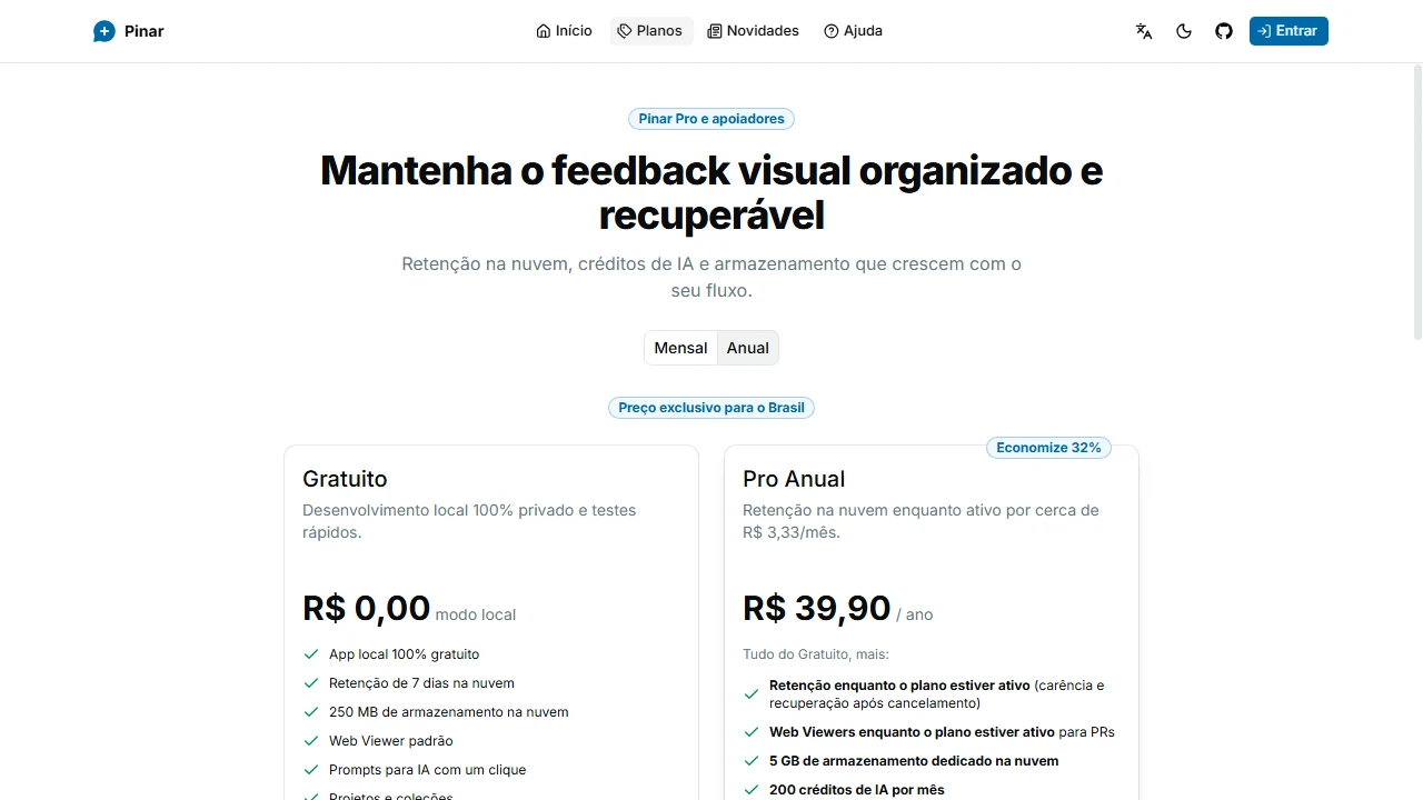 Página de preços do Pinar comparando Free, Pro anual, adicionais de armazenamento e opções de créditos de IA.