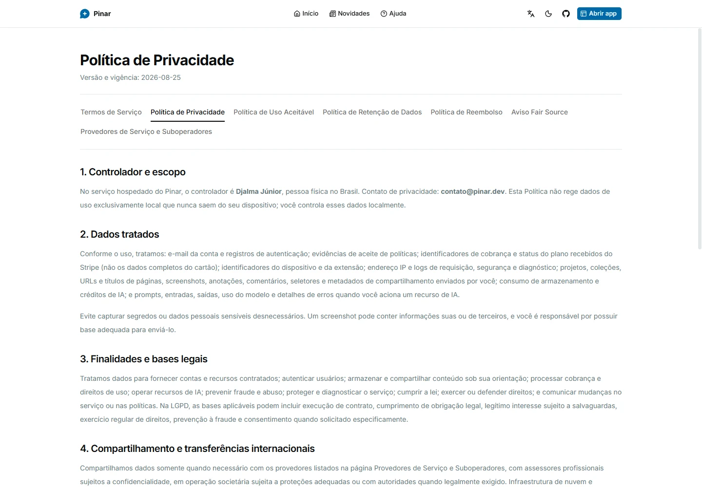 Central jurídica do Pinar com Termos, Privacidade, Uso Aceitável, Retenção de Dados, Reembolso, Fair Source e subprocessadores.