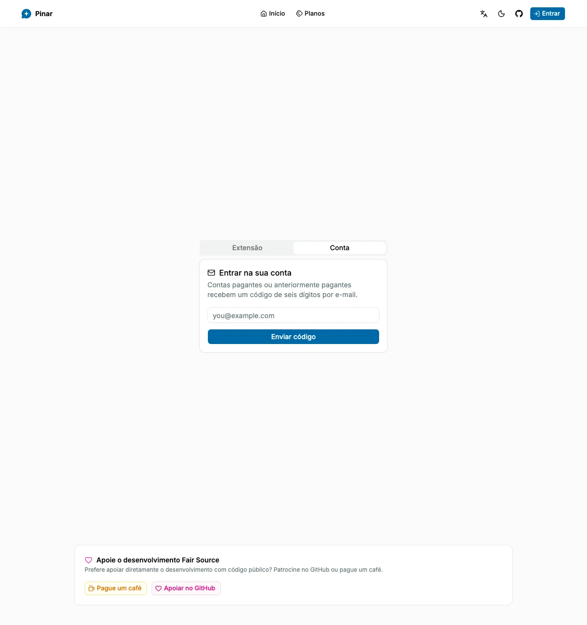 Tela de acesso à conta do Pinar com o fluxo de código por e-mail selecionado.